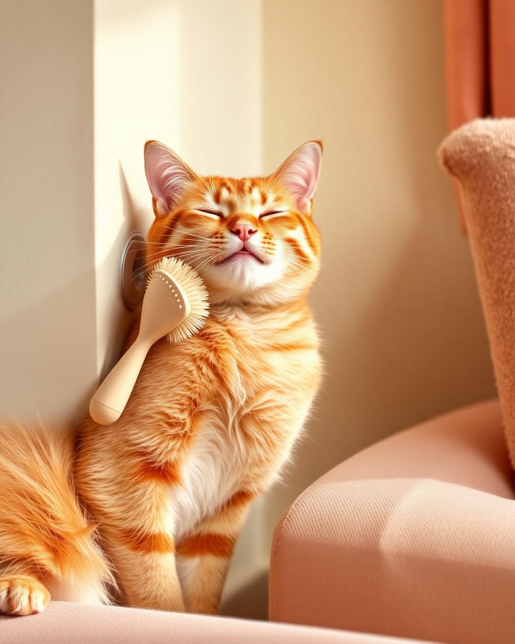 Happy ginger cat rubbing against a corner-mounted PurrBrush self-grooming brush